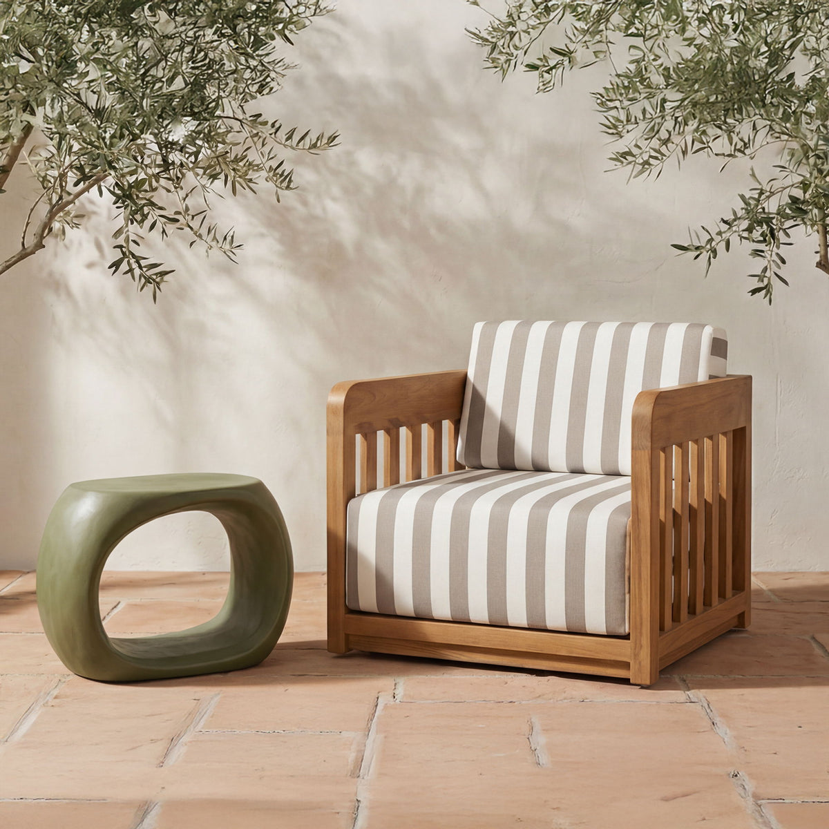 Dark green outdoor stool with open oval cutout, freestanding