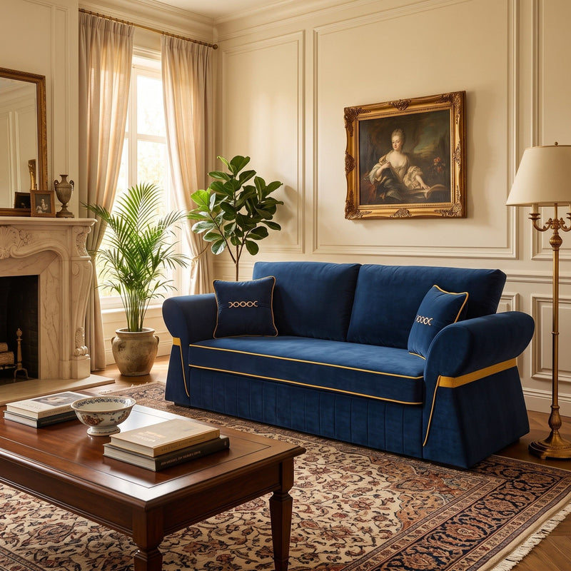 Three-seat blue sofa with gold piping, accent pillows, and pleated base