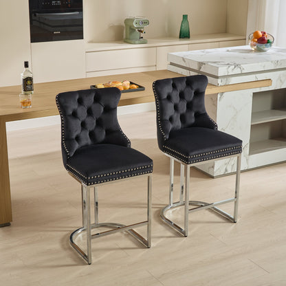 25' Counter Height Bar Stools Set of 2, Modern Velvet Barstools with Button Back&Rivet Trim Upholstered Kitchen Island Chairs with Sturdy Chromed Metal Base Legs Farmhouse Bar Stools, (Black,2 Pack)