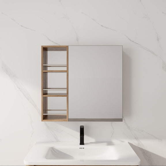 Wall-mounted bathroom cabinet with adjustable shelves, light oak frame, closed door