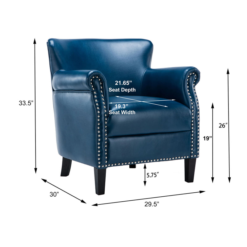 Hadley blue club chair with nailhead trim, rounded arms, upholstered seat and backrest
