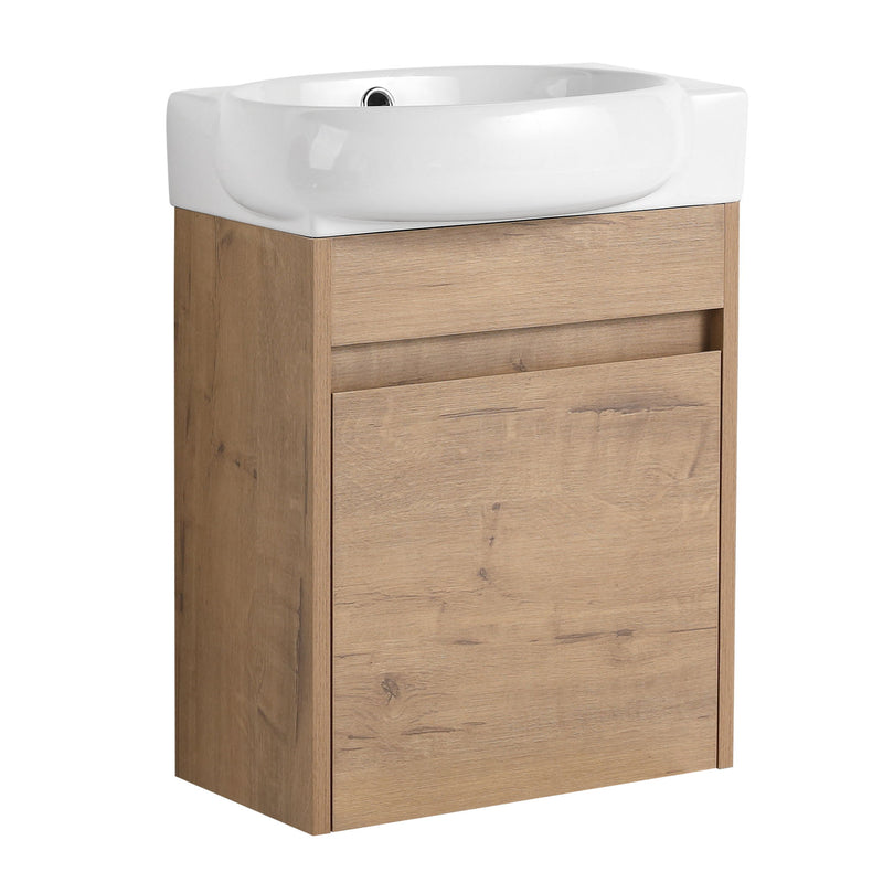 Wall-mounted floating vanity with ceramic sink, light wood cabinet, white basin