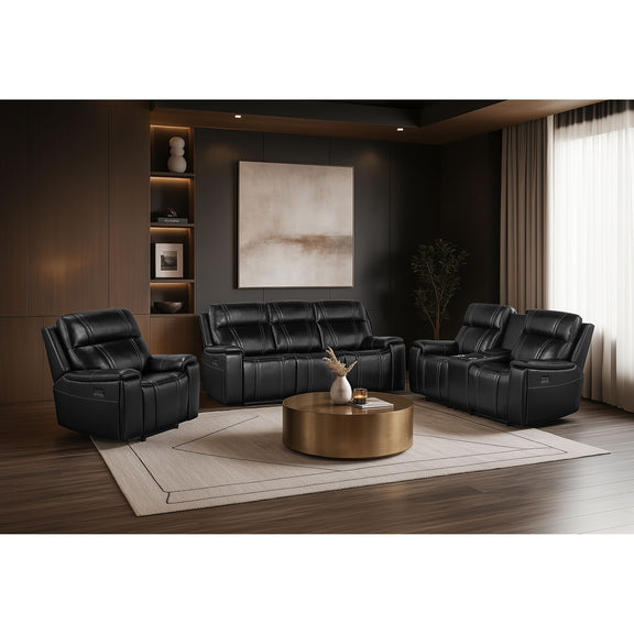 Black power recliner set with tufted upholstery and padded armrests