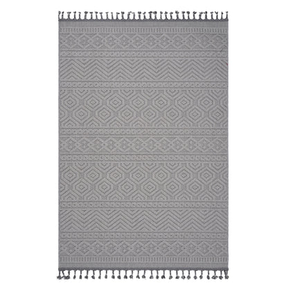 Geometric indoor/outdoor rug, dark gray with repeating geometric bands, fringed ends