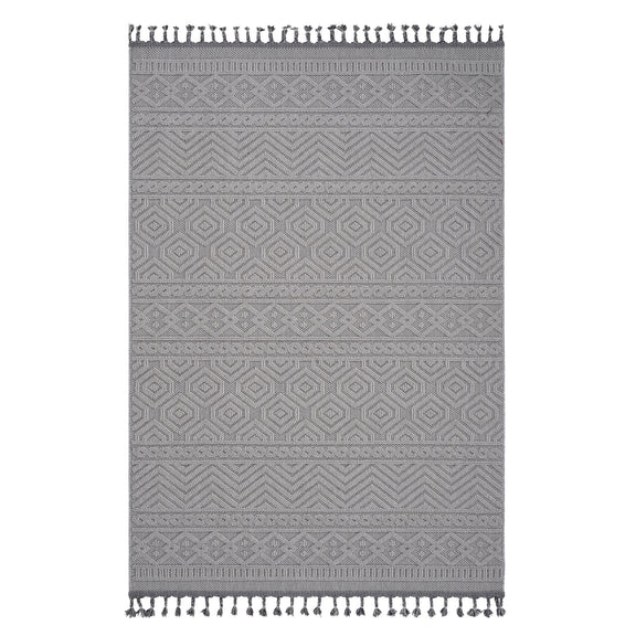 Geometric indoor/outdoor rug, dark gray with repeating geometric bands, fringed ends