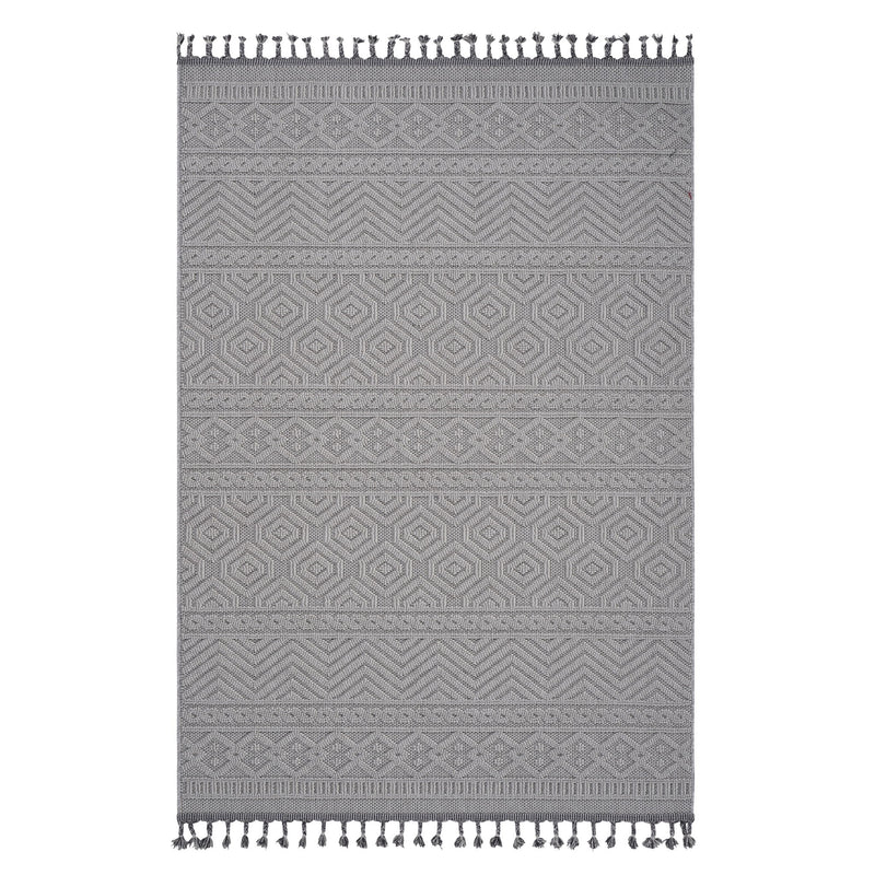 Geometric indoor/outdoor rug, dark gray with repeating geometric bands, fringed ends