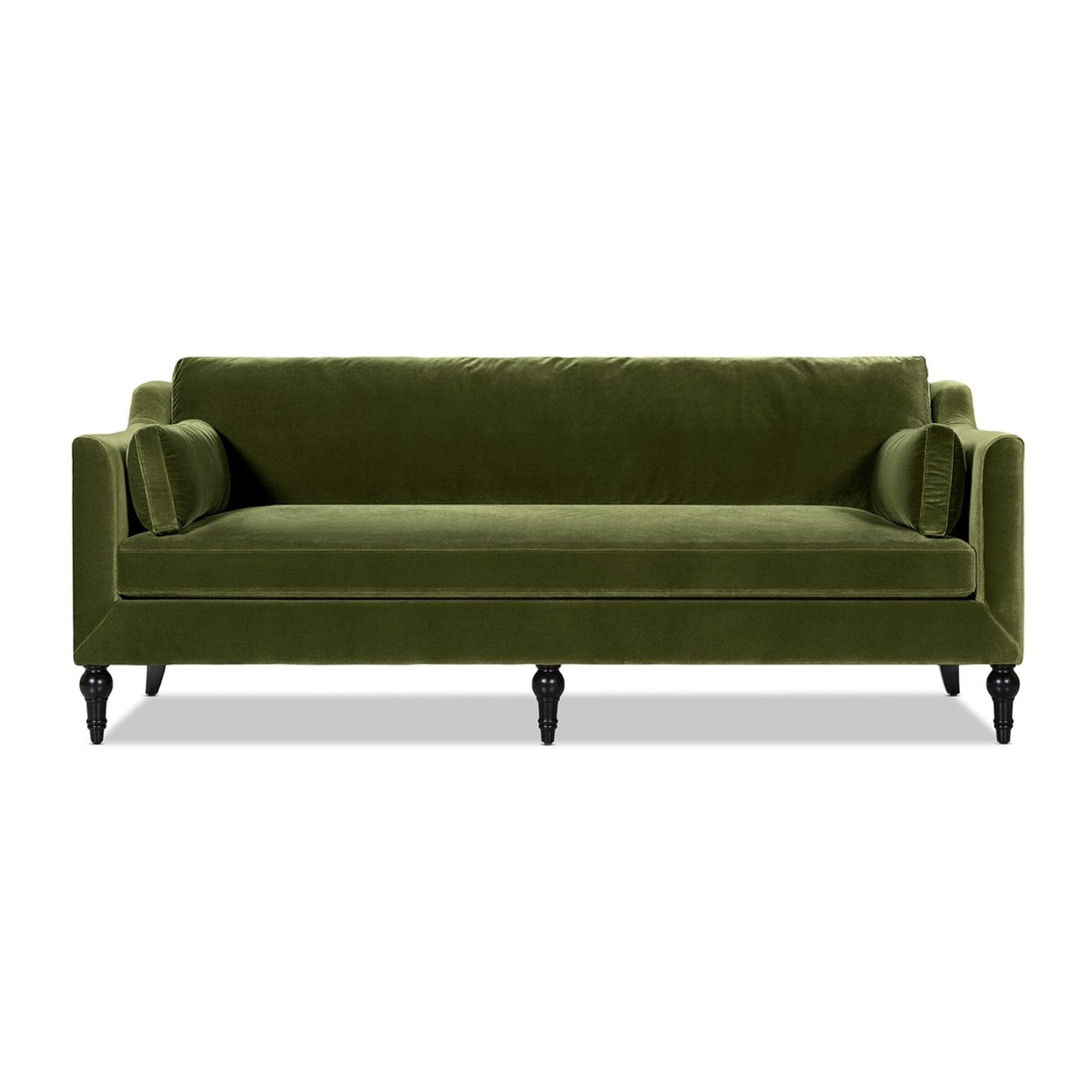 Green upholstered modern sofa with squared arms, two back cushions, and four legs