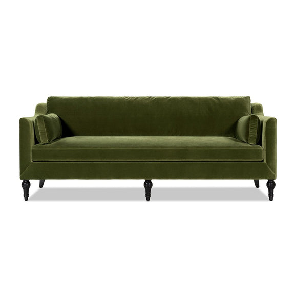 Green upholstered modern sofa with squared arms, two back cushions, and four legs