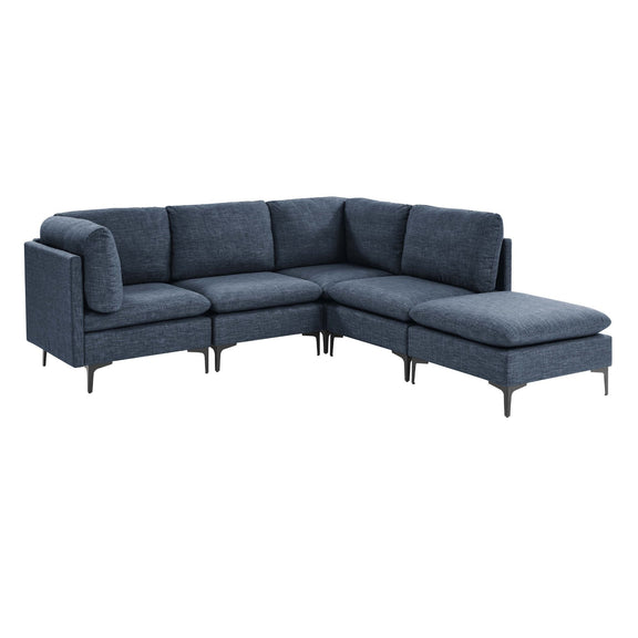 Modular sectional sofa with tall legs, upholstered in dark blue, corner chaise layout