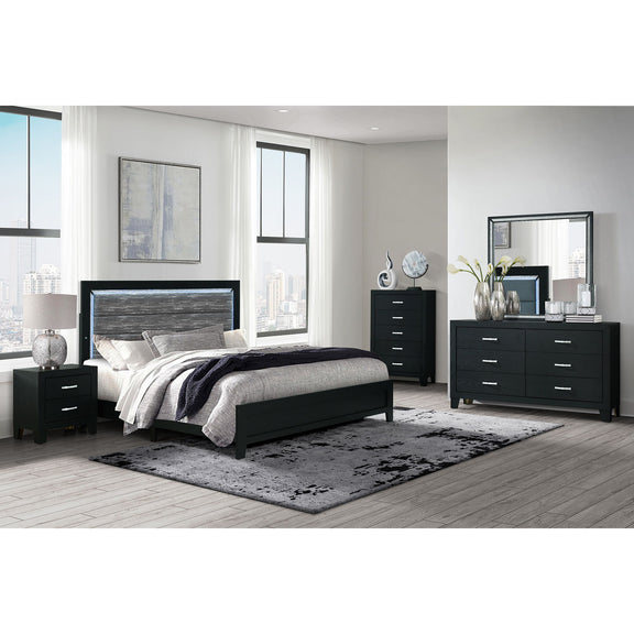 Black queen bedroom set with bed, dresser, and matching nightstands with drawers
