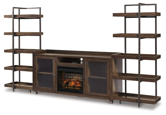 Dark brown TV stand with side shelving and central faux fireplace insert