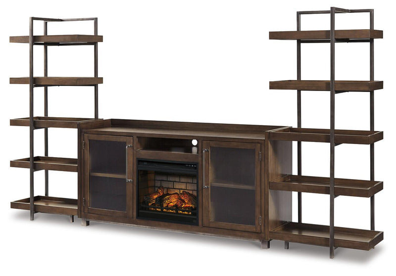 Dark brown TV stand with side shelving and central faux fireplace insert