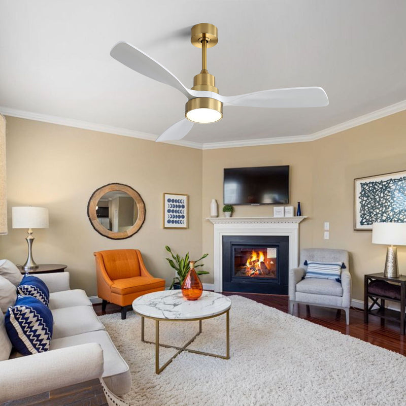 Gold 3-blade ceiling fan with light fixture mounted on ceiling