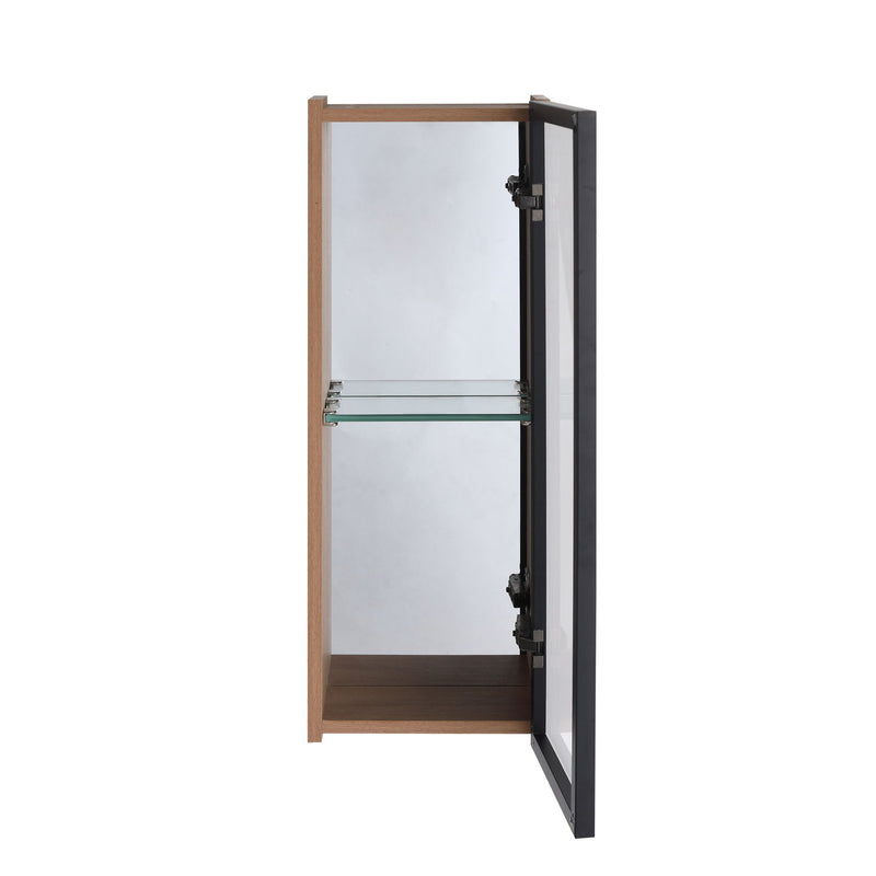 Bathroom wall mirror cabinet with open door, adjustable glass shelf, oak-effect frame