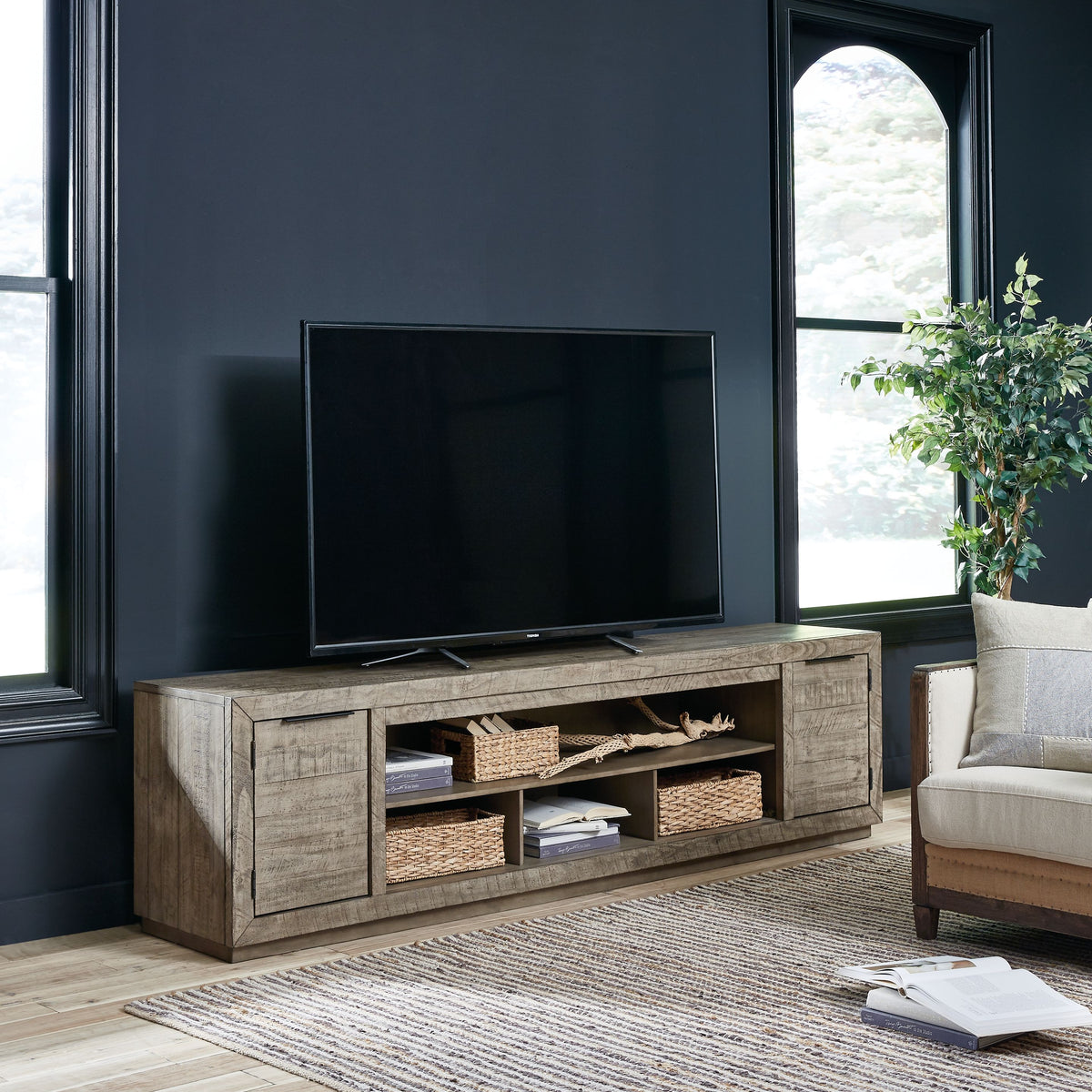 Krystanza - TV Stand with Wide Fireplace Insert - Weathered Gray