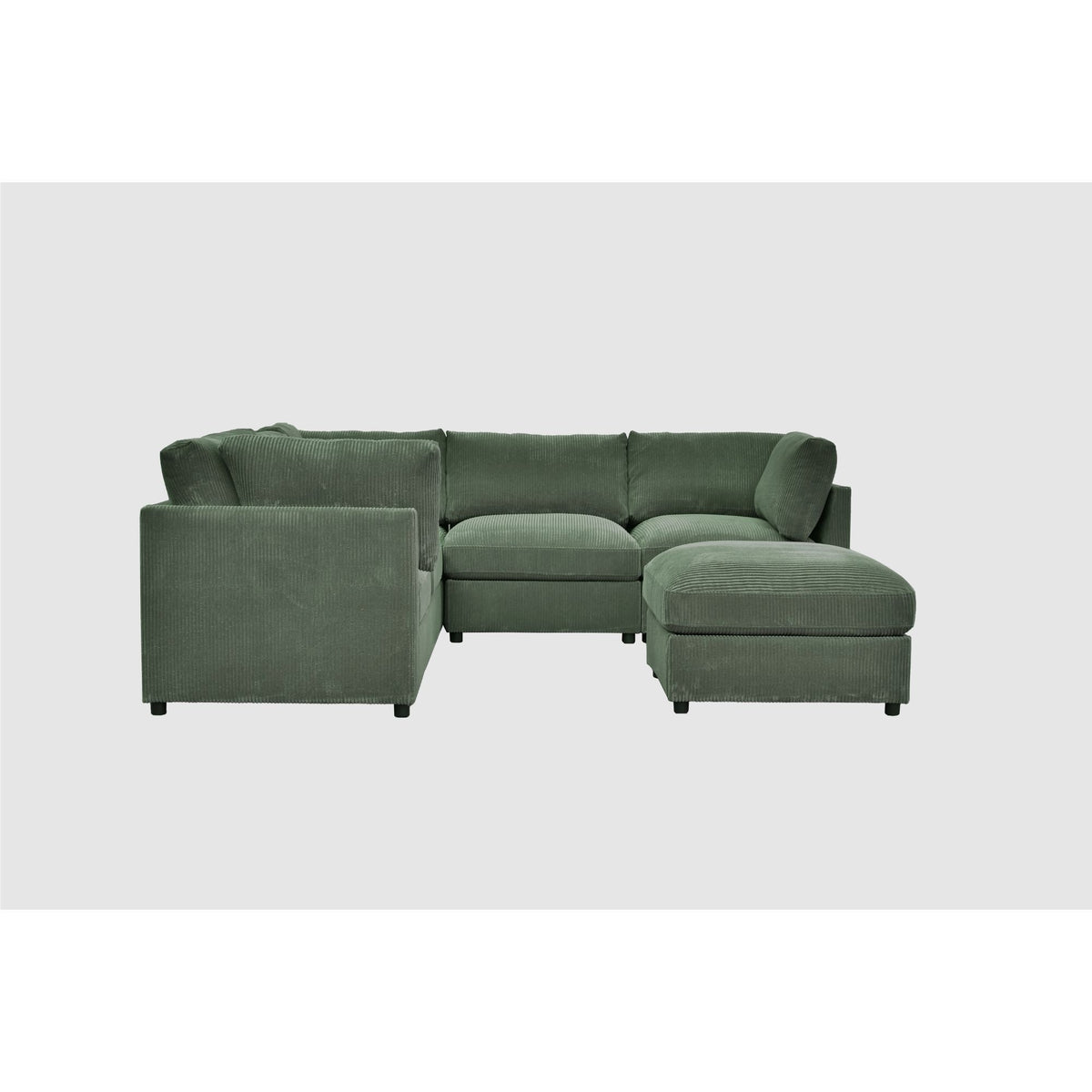 Dark green modular sectional sofa with ottoman benches and boxy armrests
