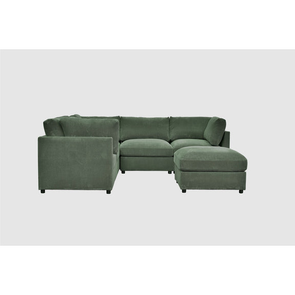 Dark green modular sectional sofa with ottoman benches and boxy armrests