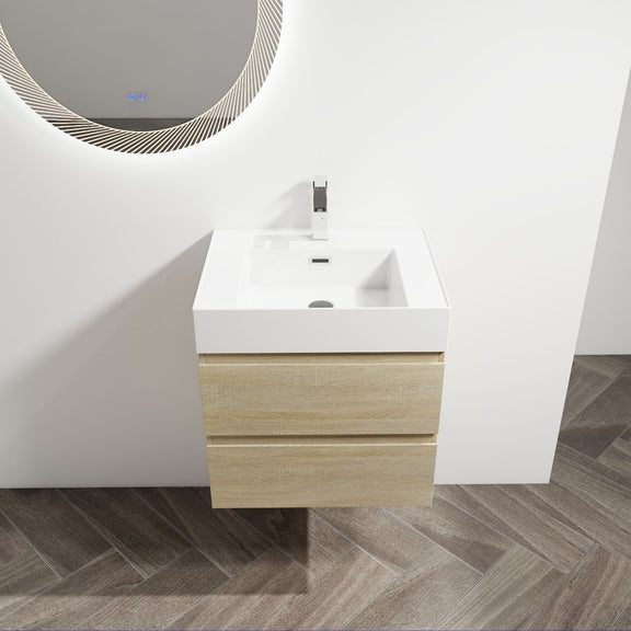 Wall-mounted bathroom vanity with sink, light brown cabinet with white basin and 2 drawers