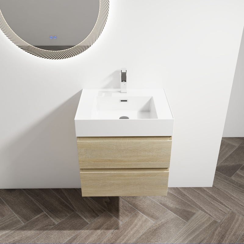 Wall-mounted bathroom vanity with sink, light brown cabinet with white basin and 2 drawers