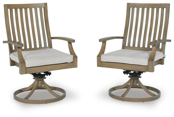 Set of 2 brown swivel patio chairs with gray cushions and slatted backrests