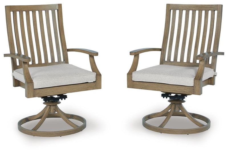 Set of 2 brown swivel patio chairs with gray cushions and slatted backrests