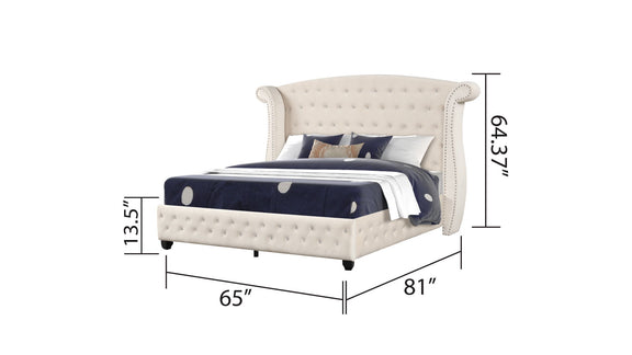 Light beige upholstered bed with tufted headboard; dimensions 65"W x 81"L x 13.5"H