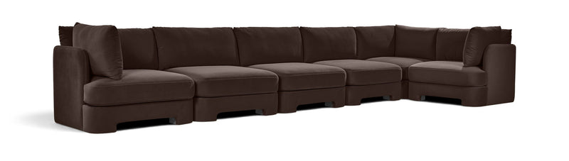 Dark brown velvet performance L-shaped sectional sofa with tufted back cushions
