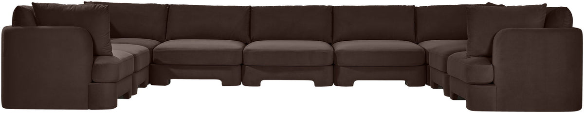 Dark brown velvet modular sectional, 9-piece set with chaise corner pieces.