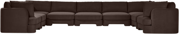 Dark brown velvet modular sectional, 9-piece set with chaise corner pieces.