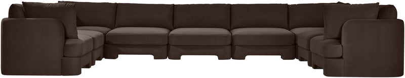 Dark brown velvet modular sectional, 9-piece set with chaise corner pieces.
