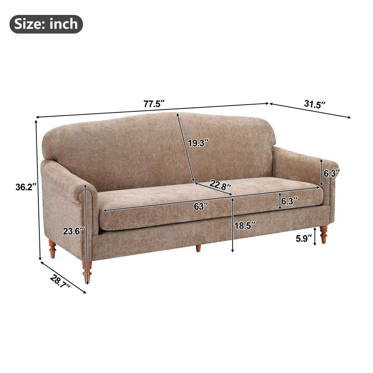 Beige 2-seat loveseat sofa with rolled arms and two seat cushions