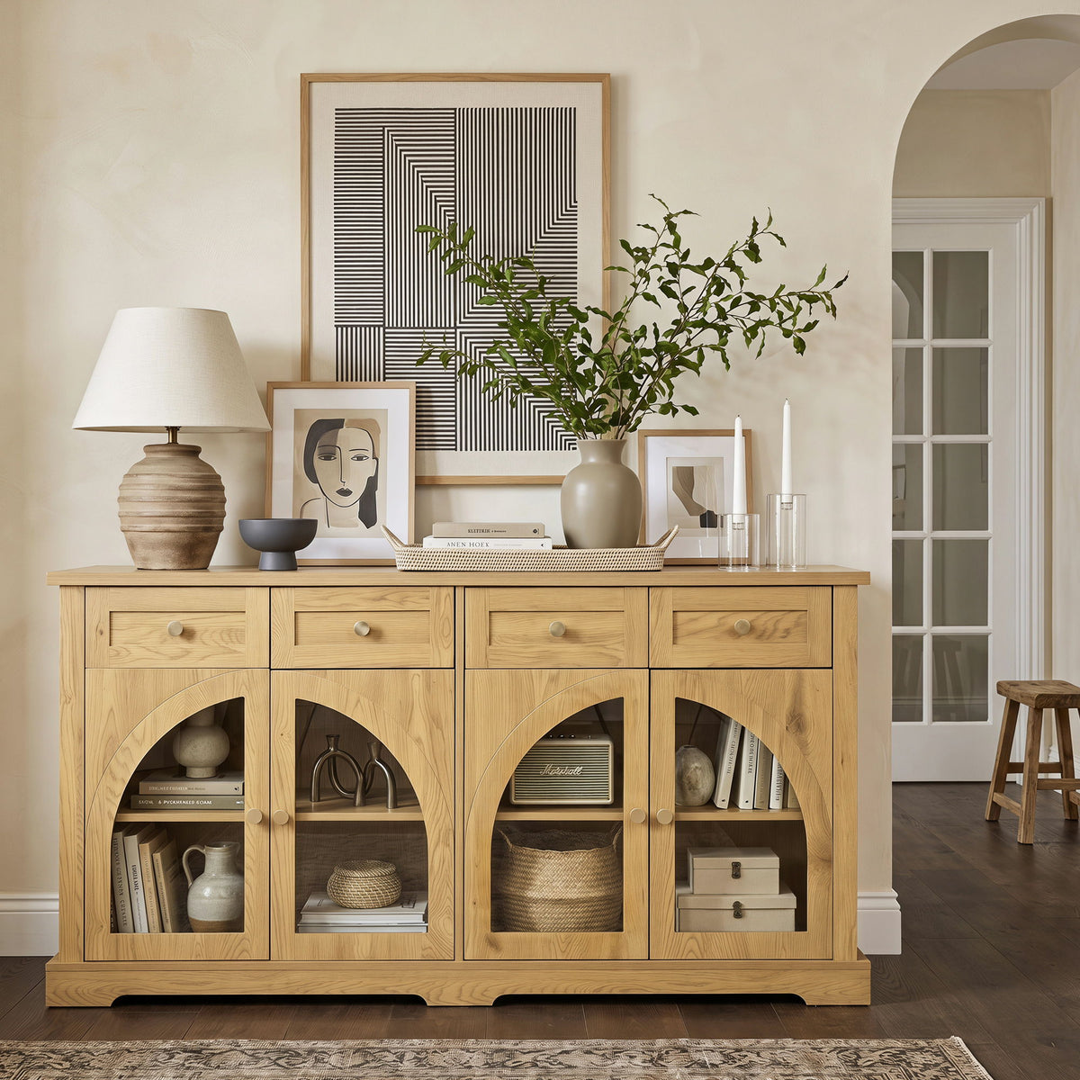 Sideboard Cabinet With 4 Drawers And 4 Arched Glass Doors