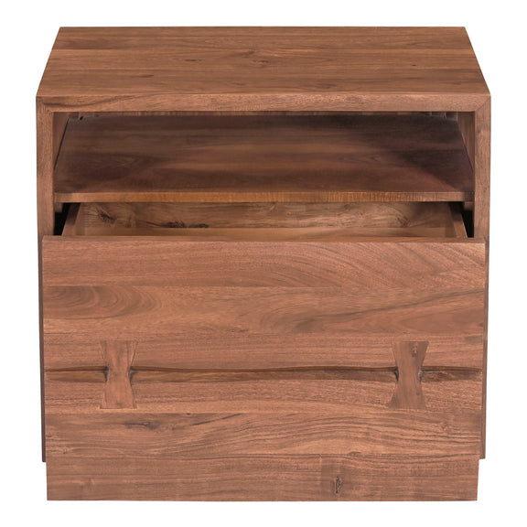 Light brown wooden nightstand with open top shelf and front drawer