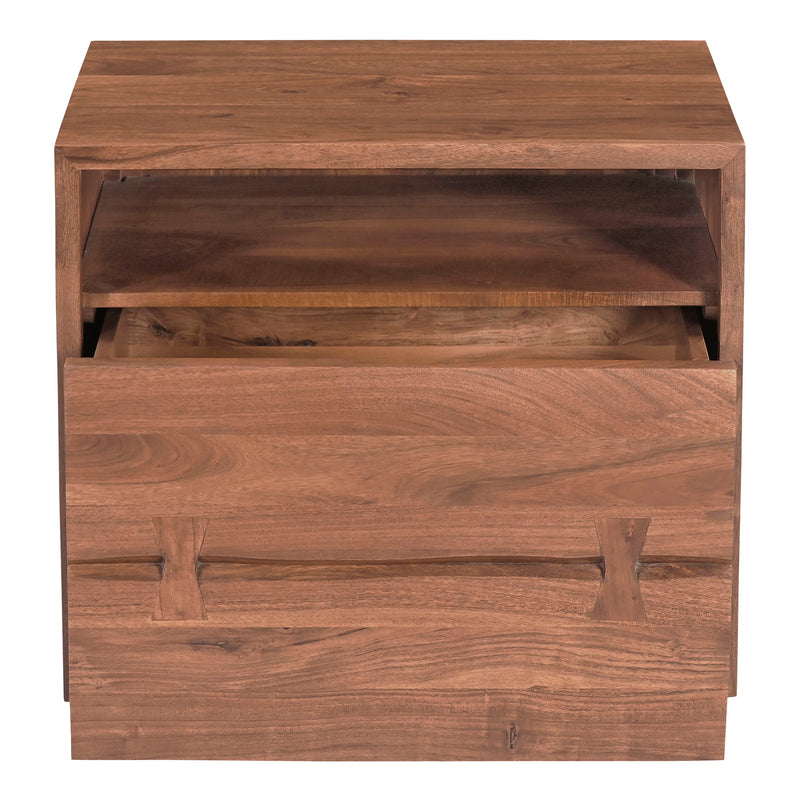 Light brown wooden nightstand with open top shelf and front drawer
