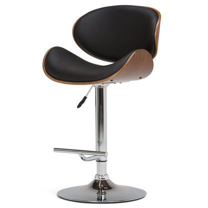 Bentwood swivel bar stool with black faux leather cushioned seats and chrome base