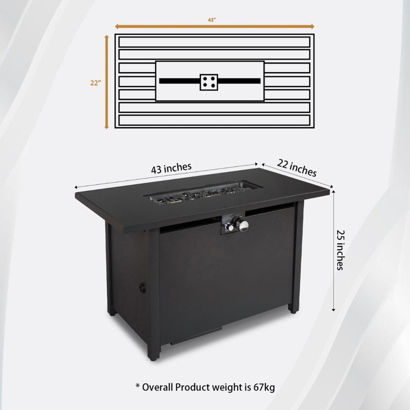 Black outdoor fire pit table with lid, front valve control, and four legs