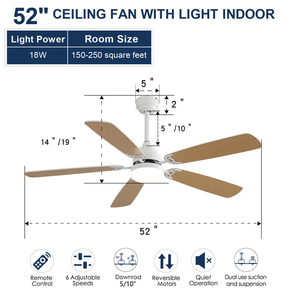 52-inch ceiling fan with light, shown with blade and room-size diagram
