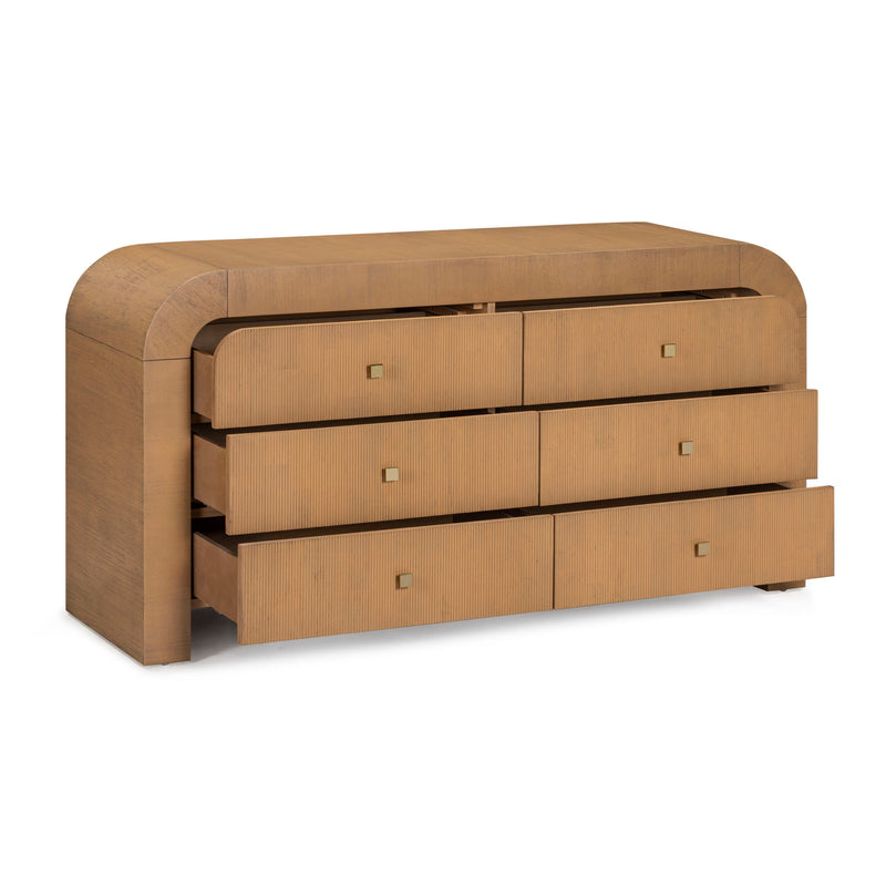 Light brown 6-drawer dresser with open top shelf area and square metal knobs