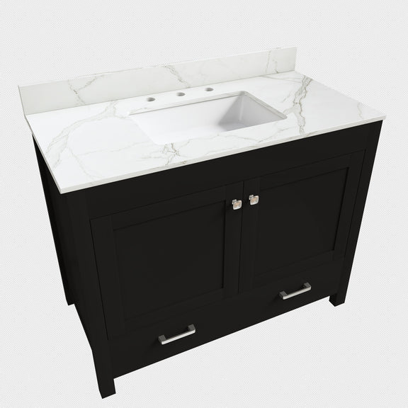 Black bathroom vanity set with white sink top, two doors and two drawers, metal handles