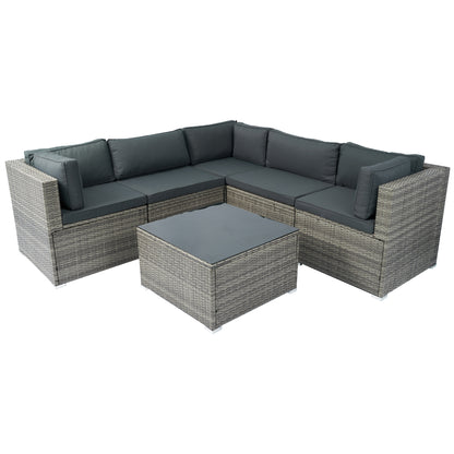 6 Pieces PE Rattan sectional Outdoor Furniture Cushioned Sofa set Grey Wicker, Dark Grey Cushion