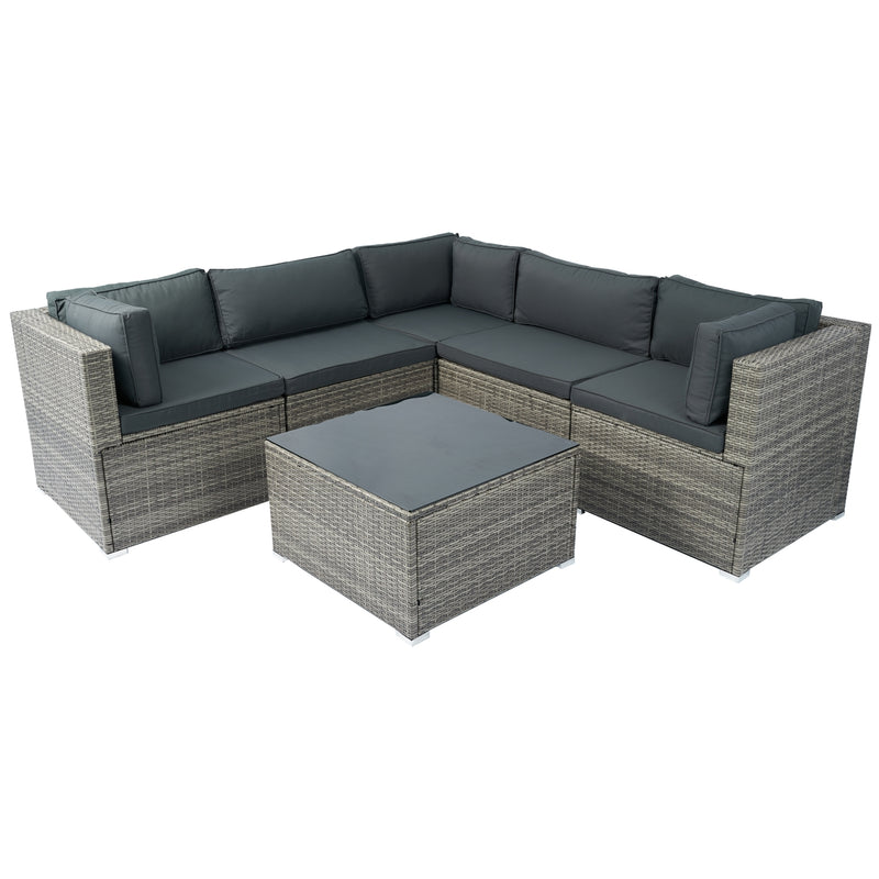 6 Pieces PE Rattan sectional Outdoor Furniture Cushioned Sofa set Grey Wicker, Dark Grey Cushion