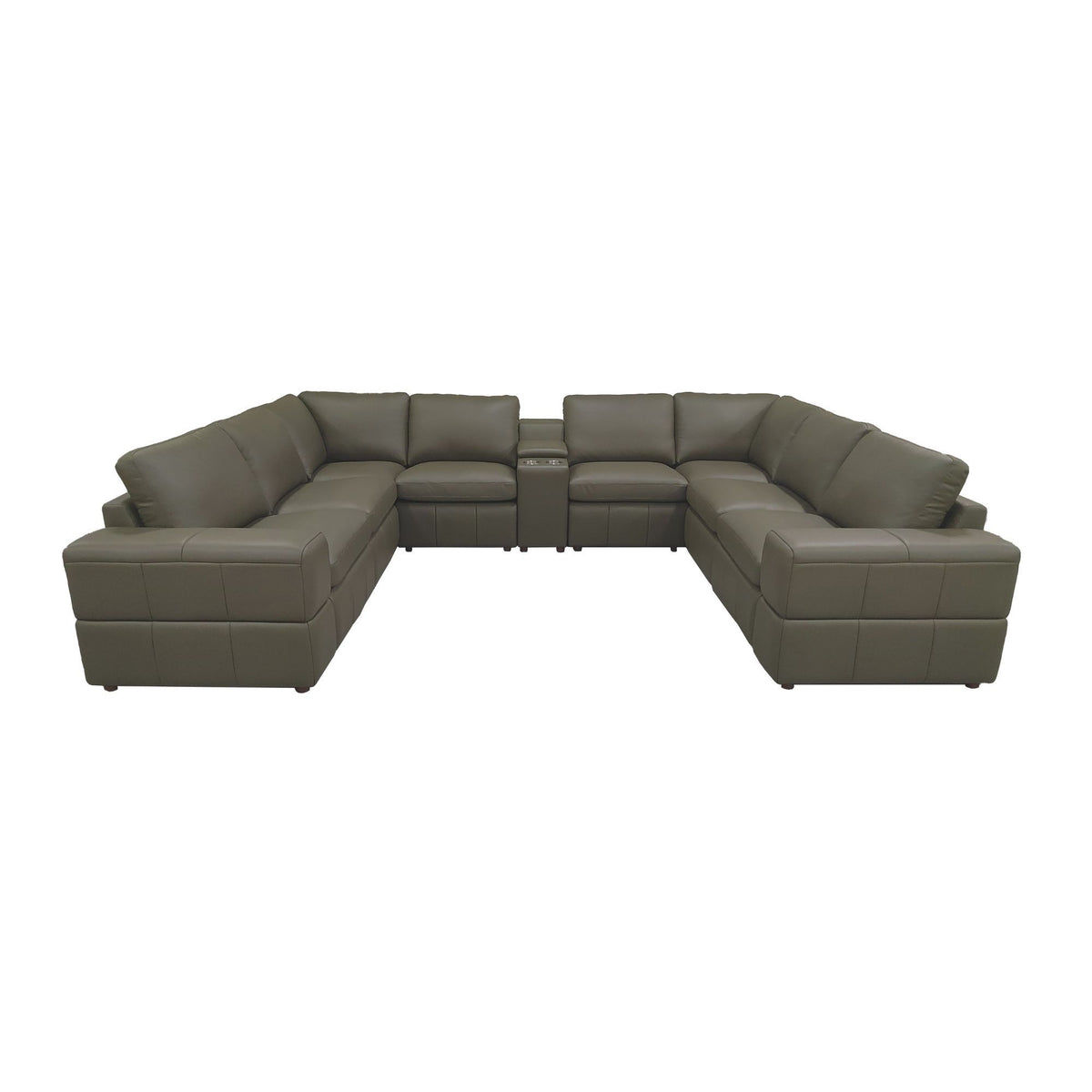 Dark gray modular sectional sofa with large square arms and U-shaped layout