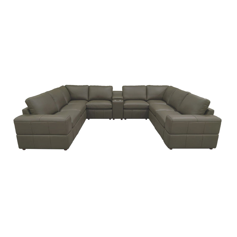 Dark gray modular sectional sofa with large square arms and U-shaped layout