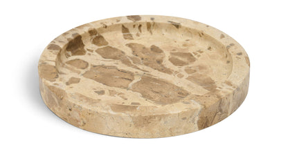 Beige marble tray with round shallow basin and natural veining texture