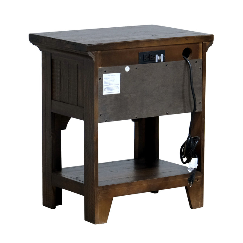 Brown wooden nightstand backside with drawer access, wiring cutout, and open shelf