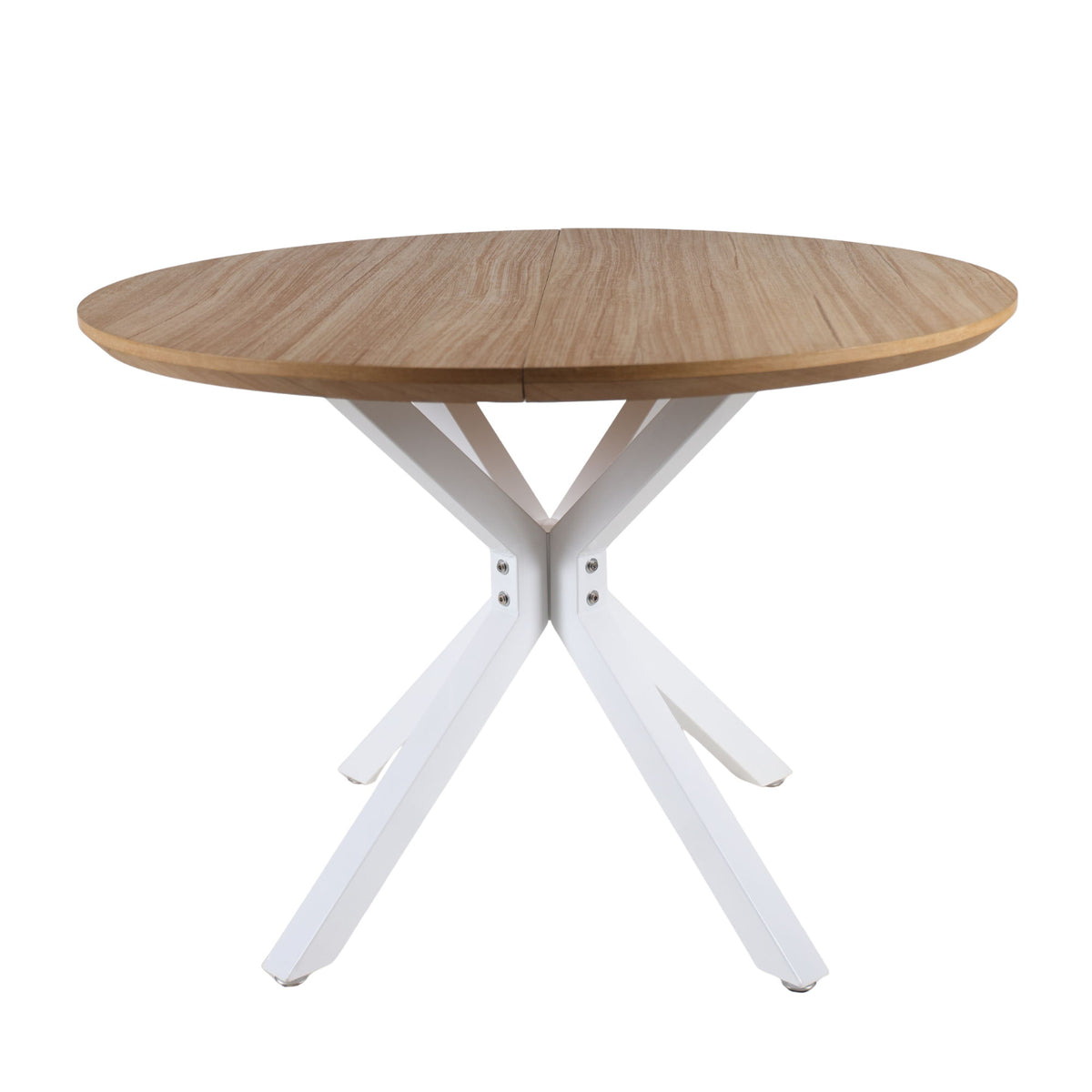 Round pedestal table with light oak-look top and white angled pedestal legs