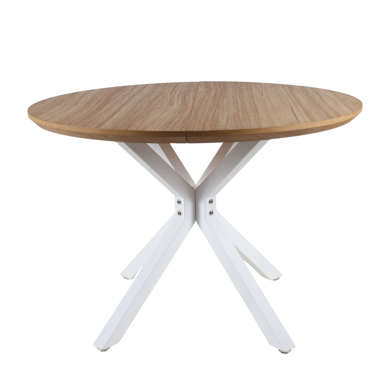 Round pedestal table with light oak-look top and white angled pedestal legs