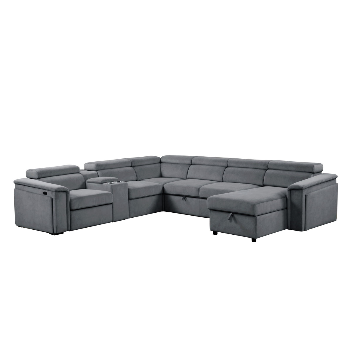Dark gray power recliner sleeper sectional with corner and padded armrests
