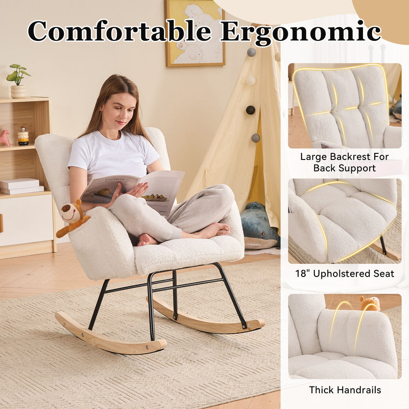 Ivory rocking chair with thick padded seat, curved armrests, and supportive backrest.