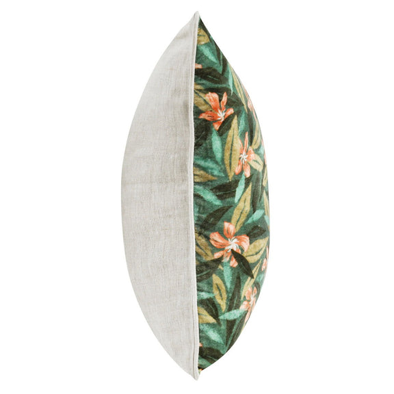 Decorative pillow with green floral front and solid light back; side shows piping.
